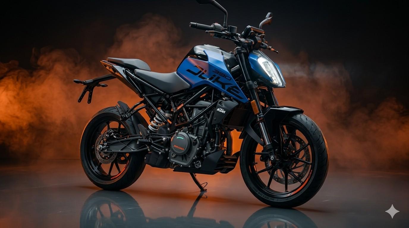 New KTM Duke 390 350cc model in matte blue color parked on a street showing TFT display